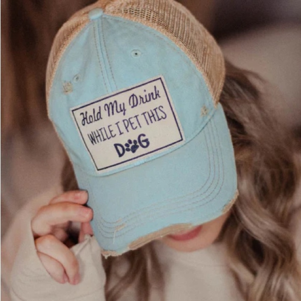 Blue Distressed Dog Lover Trucker Cap Hold My Drink While I Pet This Dog